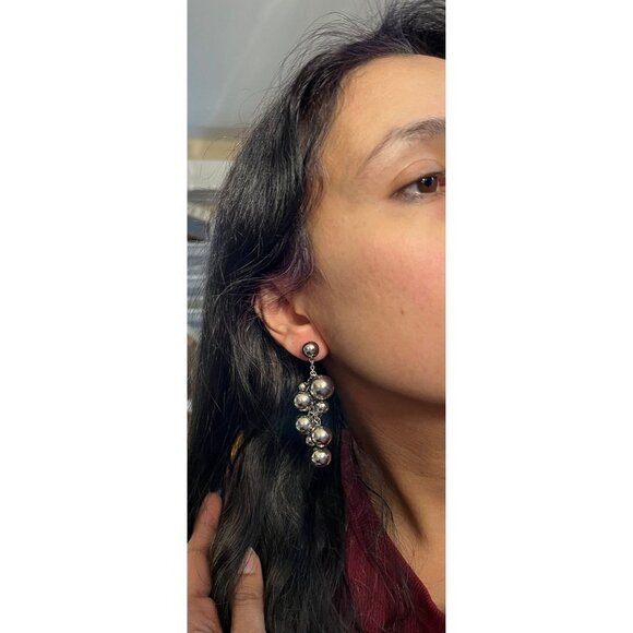 Big Silver earrings metal dangle balls beaded silver bold boho chunky pierced - Picture 5 of 5